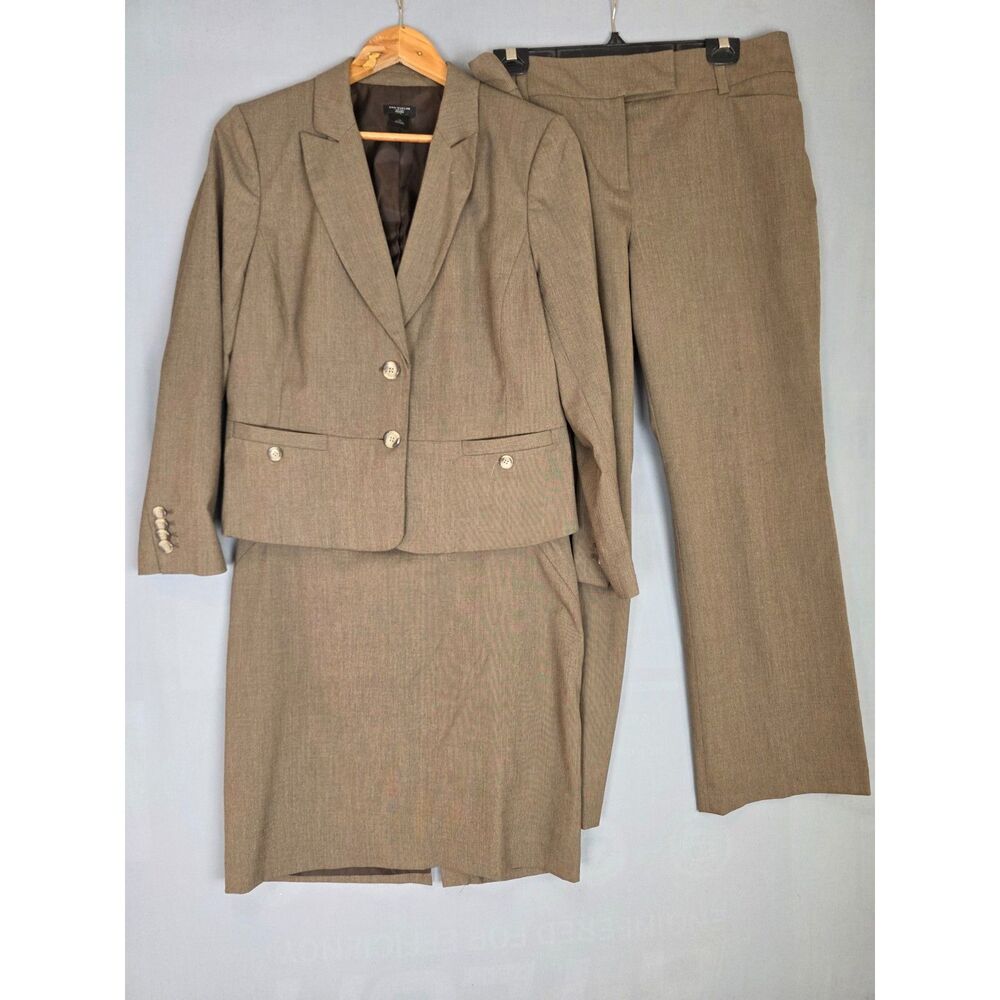 Ann Taylor Brown Three Piece Suit Size 12P Blazer Skirt Pants Business Office